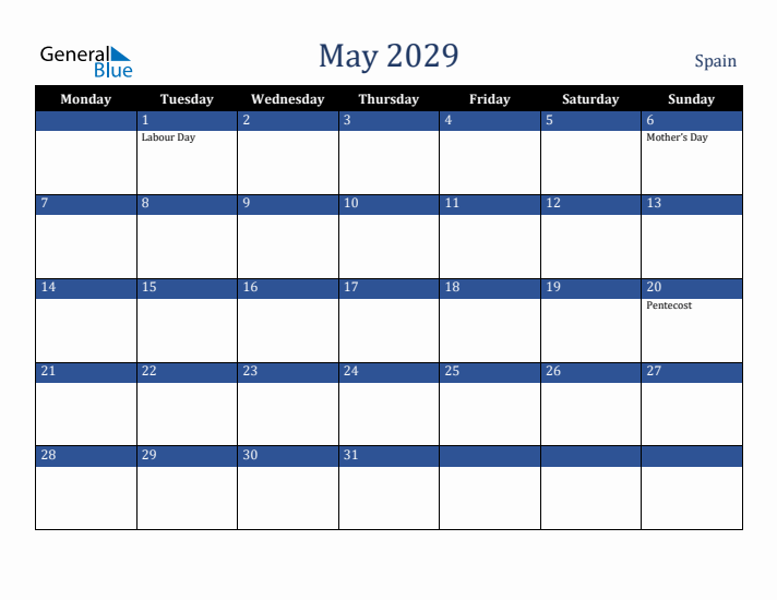 May 2029 Spain Calendar (Monday Start)