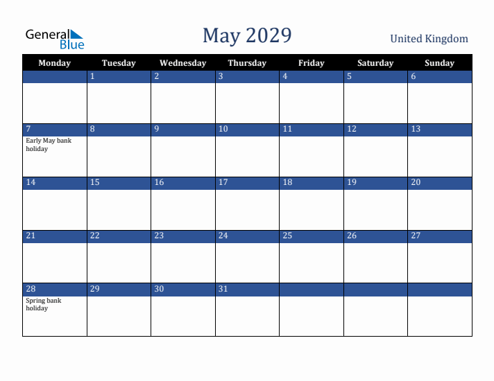 May 2029 United Kingdom Calendar (Monday Start)