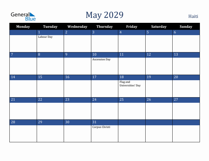 May 2029 Haiti Calendar (Monday Start)