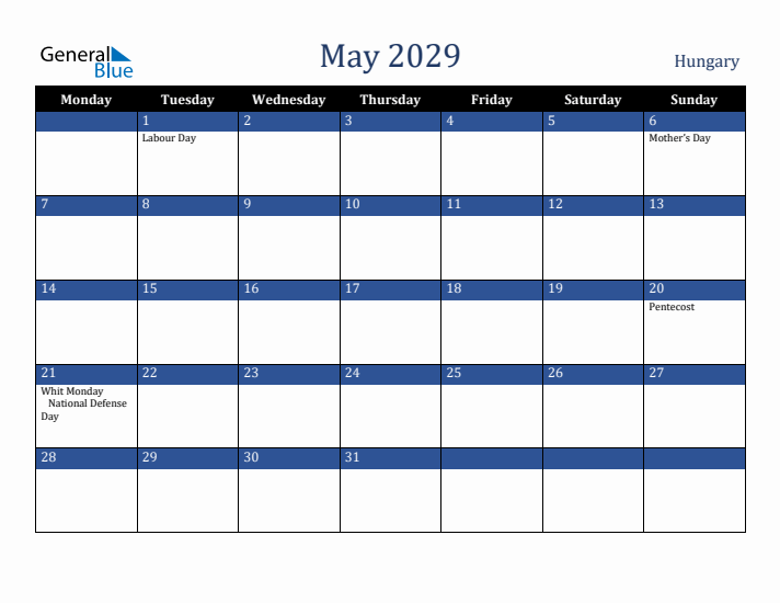 May 2029 Hungary Calendar (Monday Start)