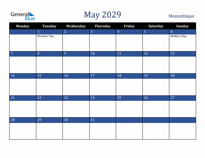 May 2029 Mozambique Calendar (Monday Start)