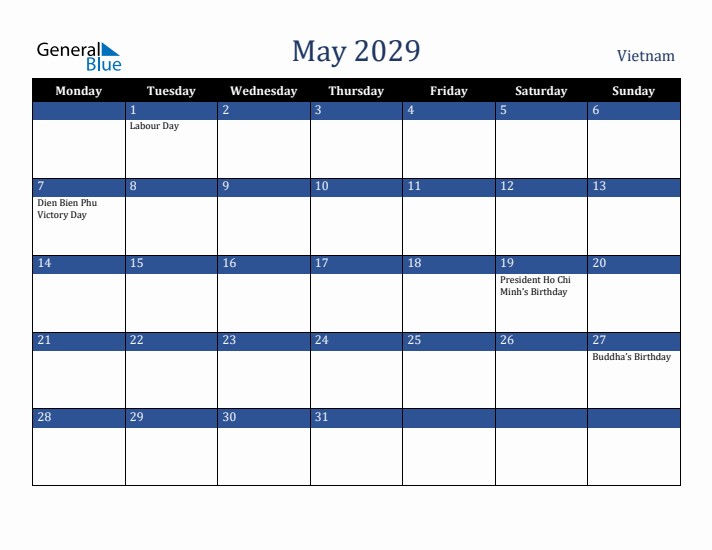 May 2029 Vietnam Calendar (Monday Start)