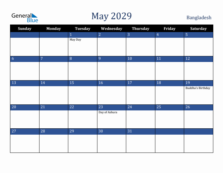 May 2029 Bangladesh Calendar (Sunday Start)