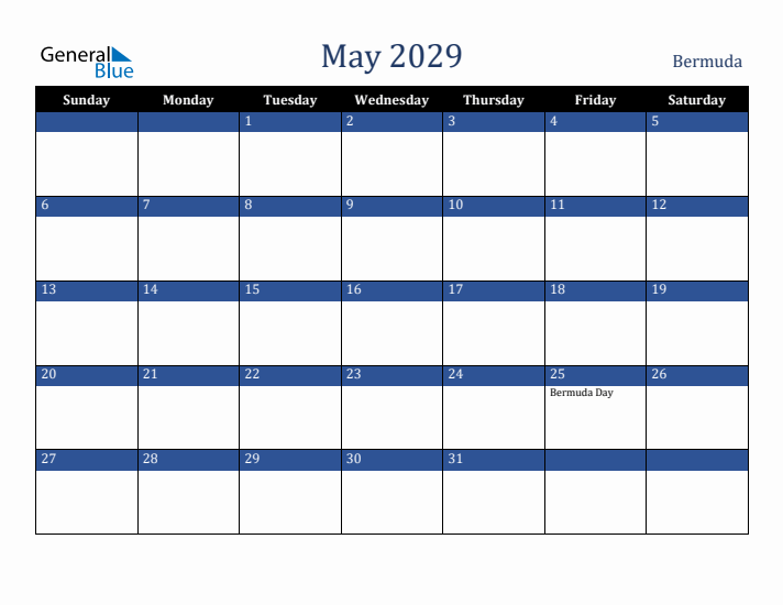 May 2029 Bermuda Calendar (Sunday Start)