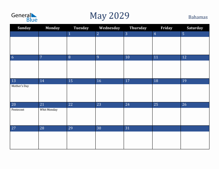 May 2029 Bahamas Calendar (Sunday Start)