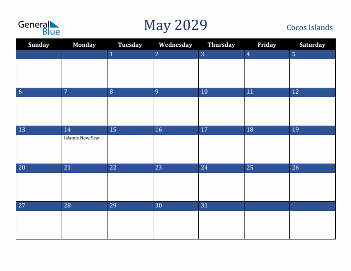 May 2029 Cocos Islands Calendar (Sunday Start)