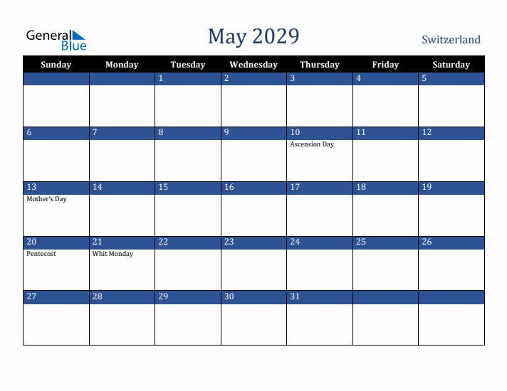 May 2029 Switzerland Calendar (Sunday Start)