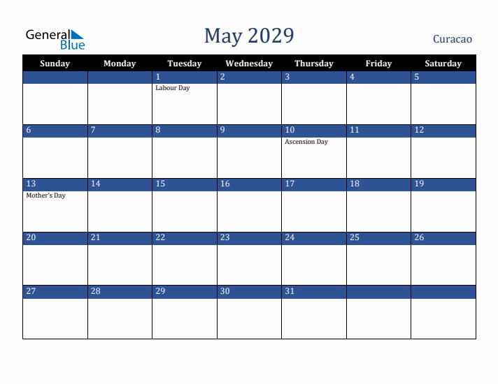 May 2029 Curacao Calendar (Sunday Start)