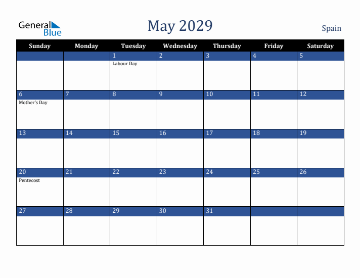 May 2029 Spain Calendar (Sunday Start)