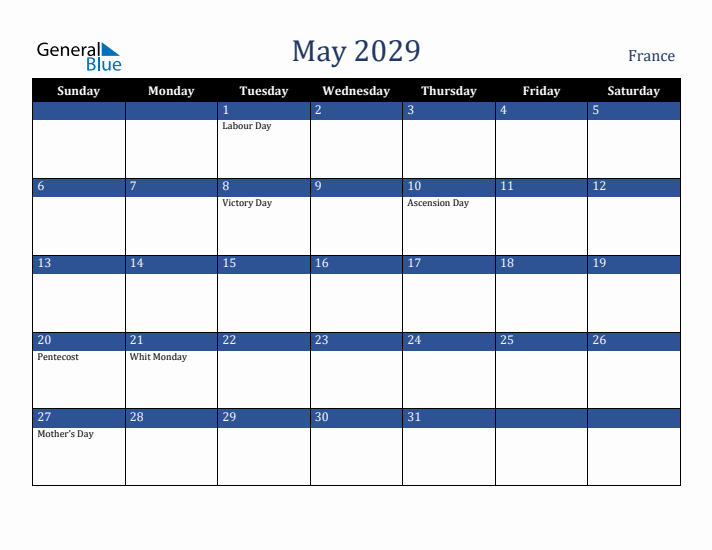 May 2029 France Calendar (Sunday Start)