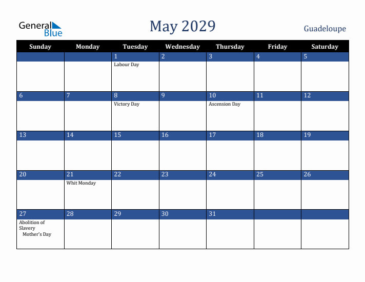 May 2029 Guadeloupe Calendar (Sunday Start)