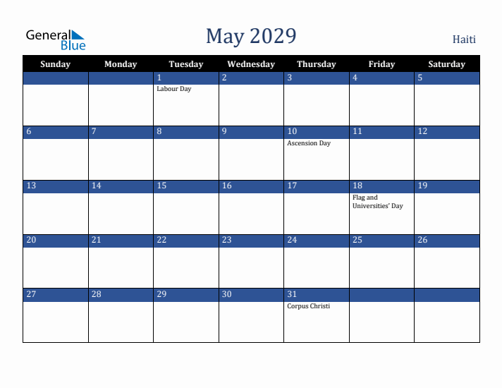 May 2029 Haiti Calendar (Sunday Start)