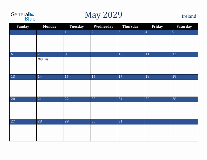 May 2029 Ireland Calendar (Sunday Start)