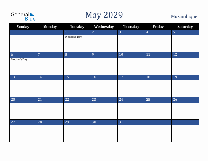 May 2029 Mozambique Calendar (Sunday Start)