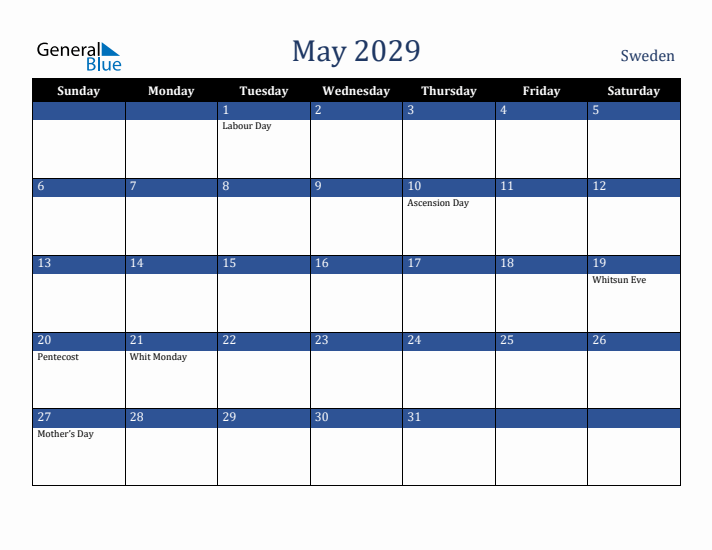 May 2029 Sweden Calendar (Sunday Start)