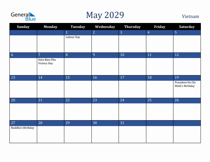 May 2029 Vietnam Calendar (Sunday Start)