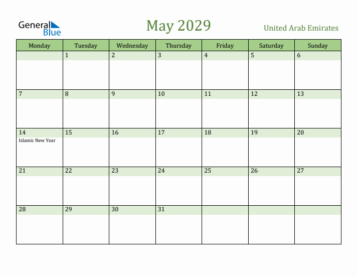 May 2029 Calendar with United Arab Emirates Holidays