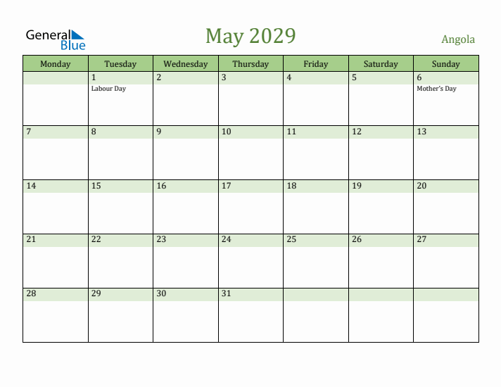 May 2029 Calendar with Angola Holidays