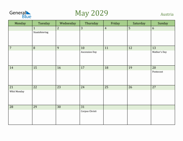 May 2029 Calendar with Austria Holidays