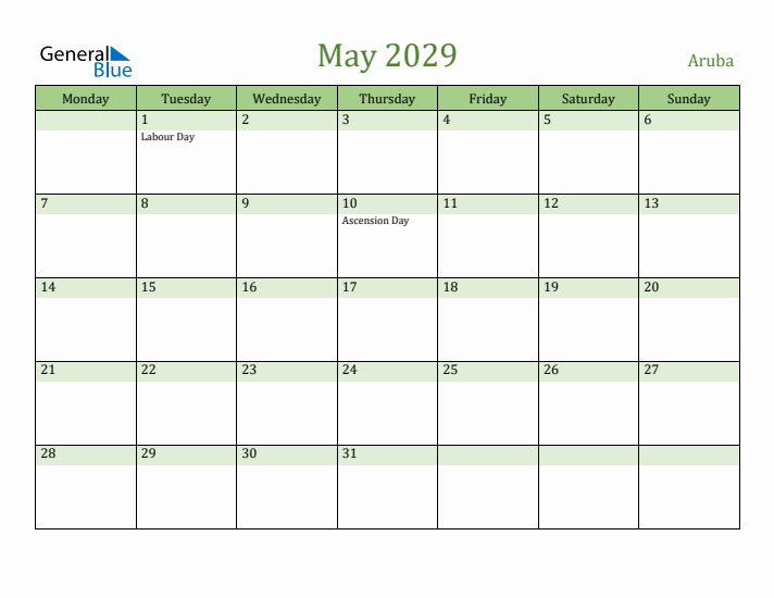 May 2029 Calendar with Aruba Holidays