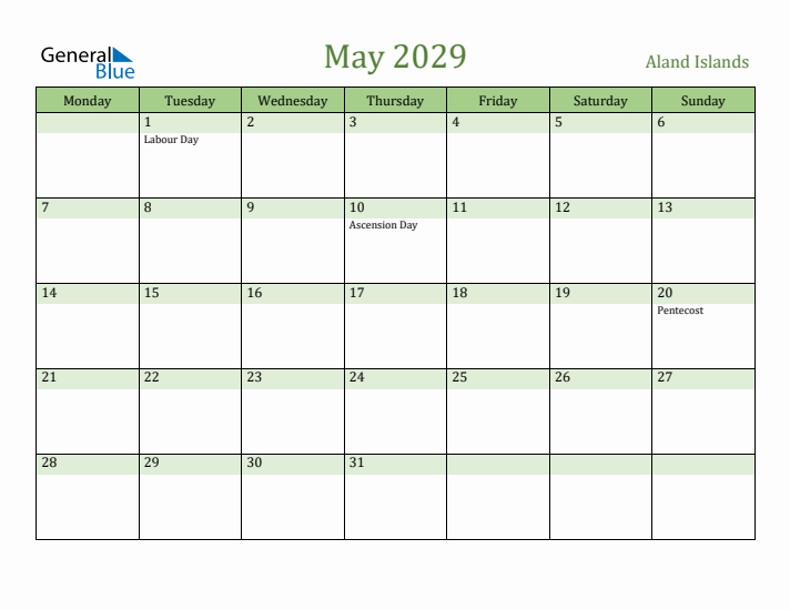 May 2029 Calendar with Aland Islands Holidays