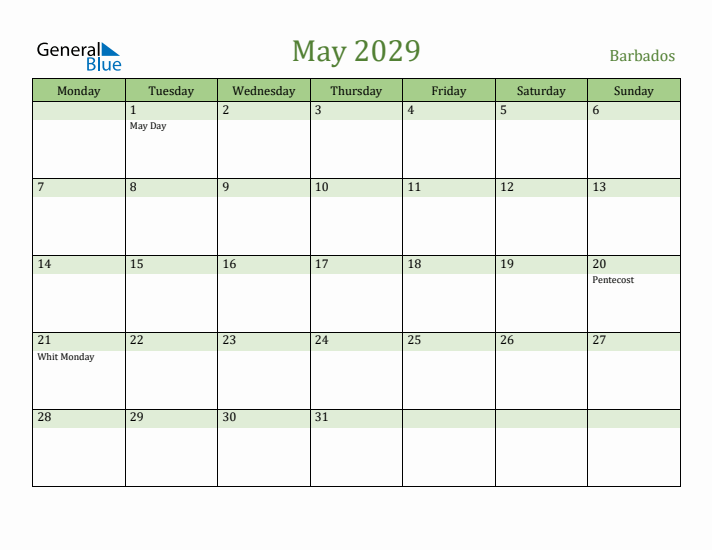 May 2029 Calendar with Barbados Holidays