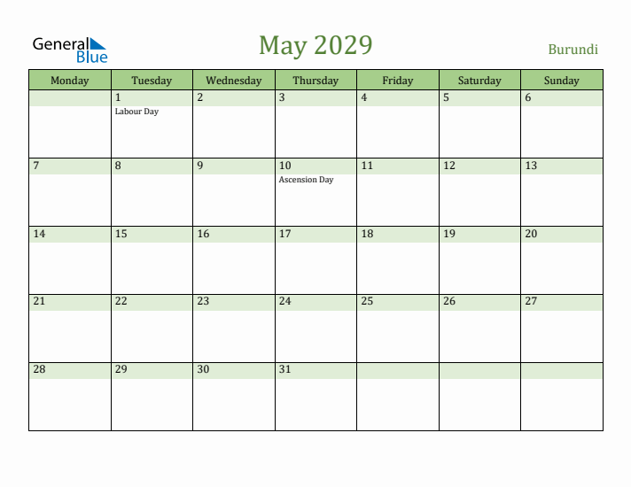 May 2029 Calendar with Burundi Holidays