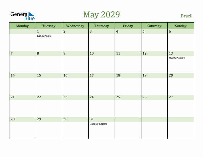 May 2029 Calendar with Brazil Holidays