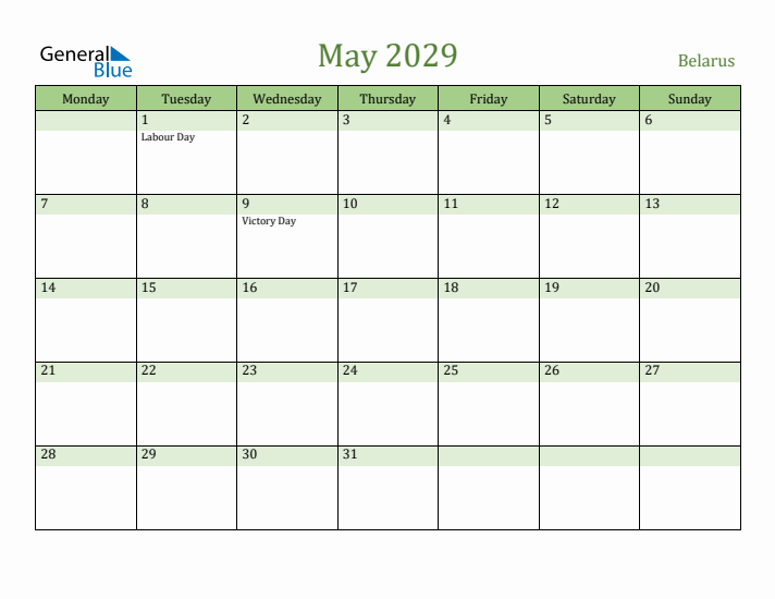 May 2029 Calendar with Belarus Holidays