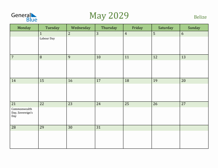 May 2029 Calendar with Belize Holidays