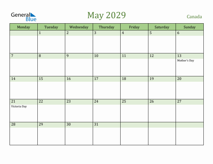 May 2029 Calendar with Canada Holidays