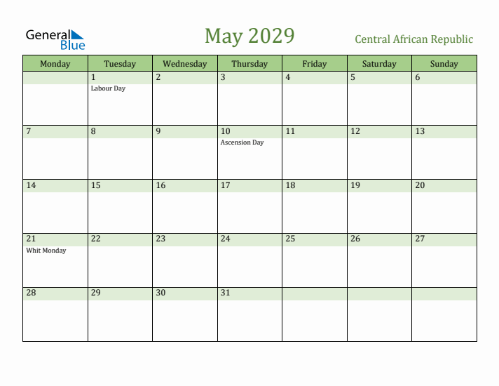 May 2029 Calendar with Central African Republic Holidays