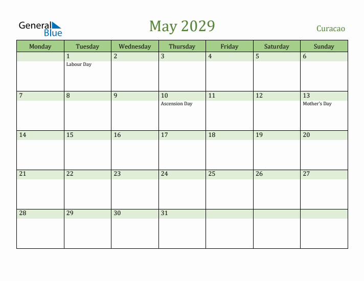 May 2029 Calendar with Curacao Holidays