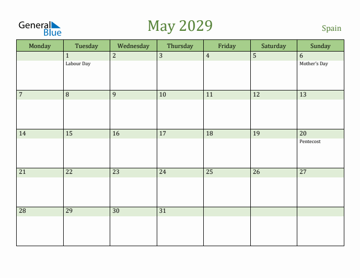 May 2029 Calendar with Spain Holidays