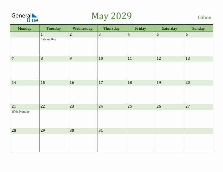 May 2029 Calendar with Gabon Holidays