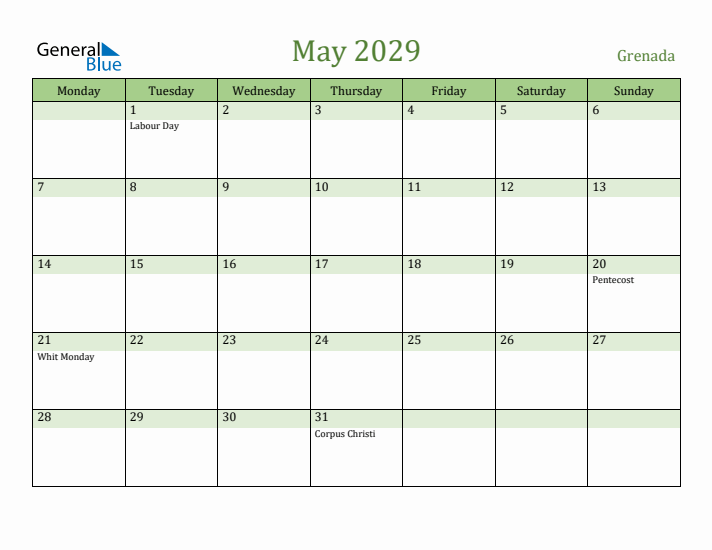 May 2029 Calendar with Grenada Holidays