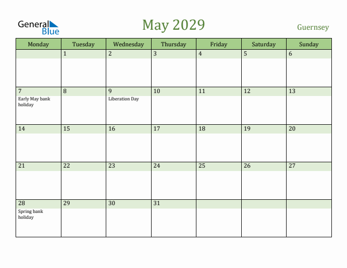 May 2029 Calendar with Guernsey Holidays