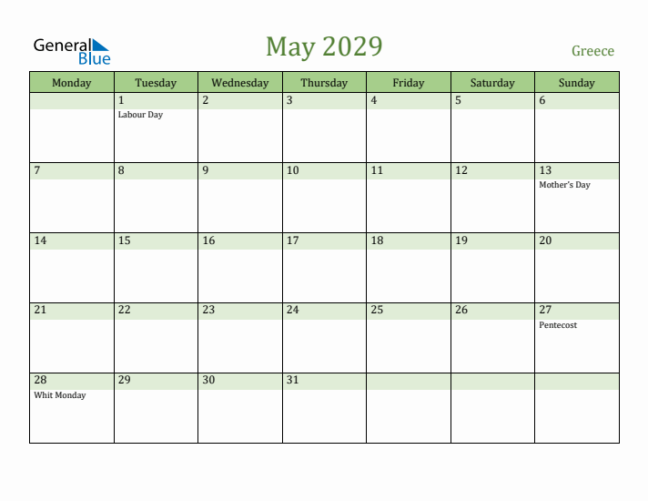 May 2029 Calendar with Greece Holidays