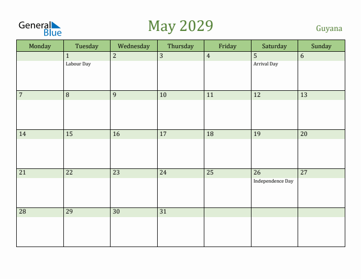 May 2029 Calendar with Guyana Holidays