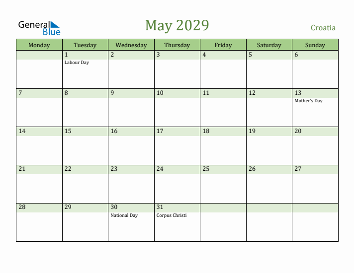 May 2029 Calendar with Croatia Holidays