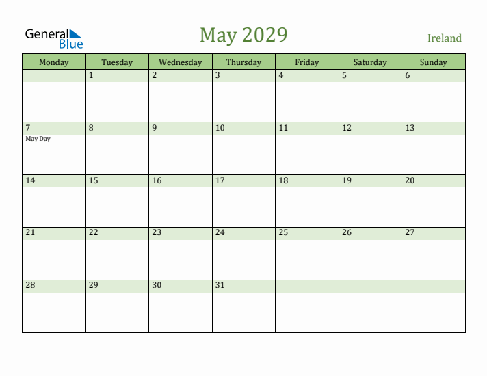 May 2029 Calendar with Ireland Holidays