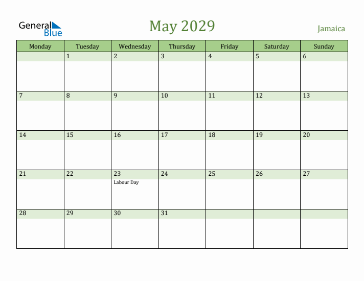 May 2029 Calendar with Jamaica Holidays