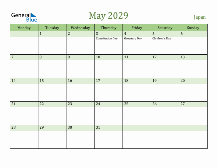 May 2029 Calendar with Japan Holidays