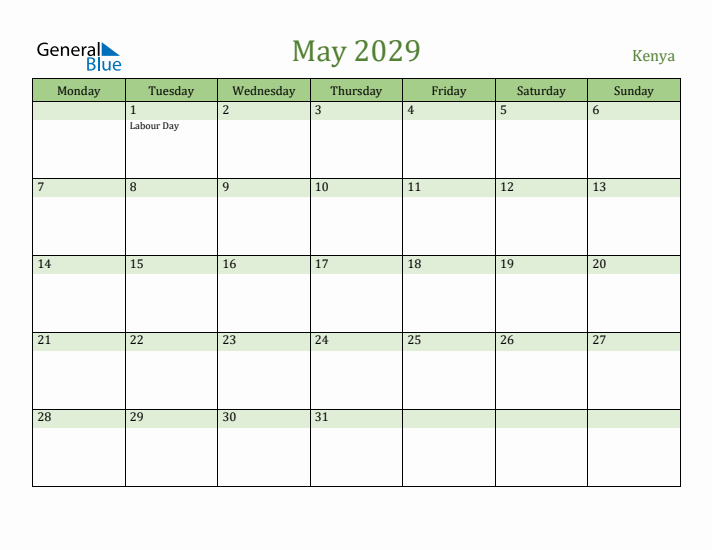 May 2029 Calendar with Kenya Holidays