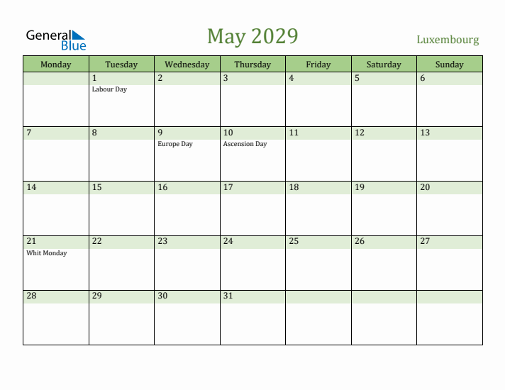 May 2029 Calendar with Luxembourg Holidays