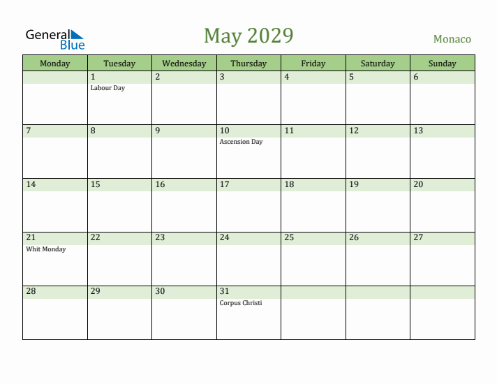 May 2029 Calendar with Monaco Holidays