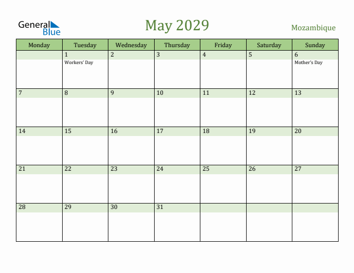 May 2029 Calendar with Mozambique Holidays