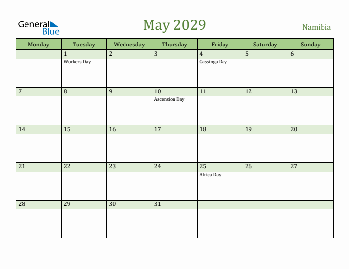 May 2029 Calendar with Namibia Holidays