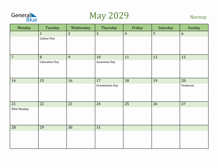 May 2029 Calendar with Norway Holidays