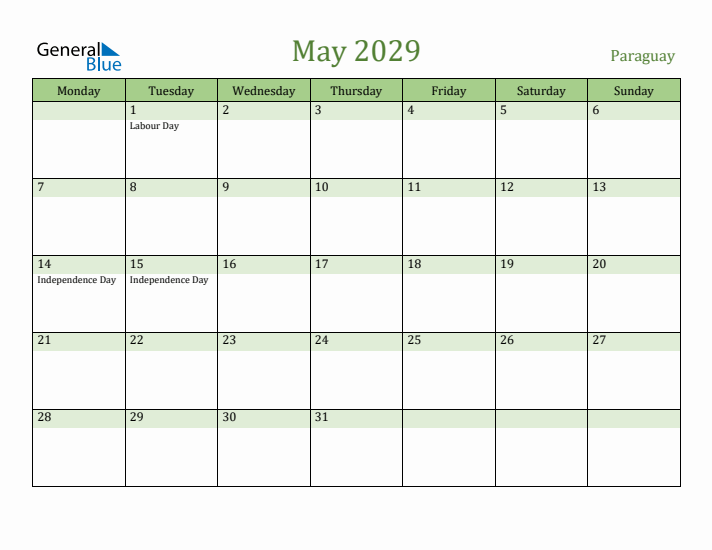 May 2029 Calendar with Paraguay Holidays